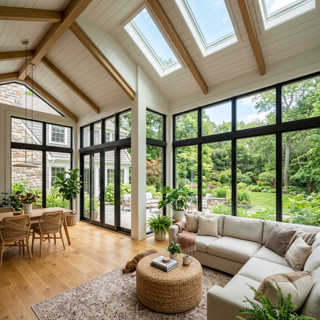 Beautiful new home addition sunroom with large windows and modern design