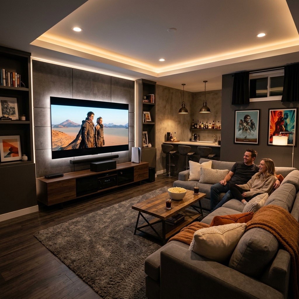 Finished basement living room with a cozy modern design