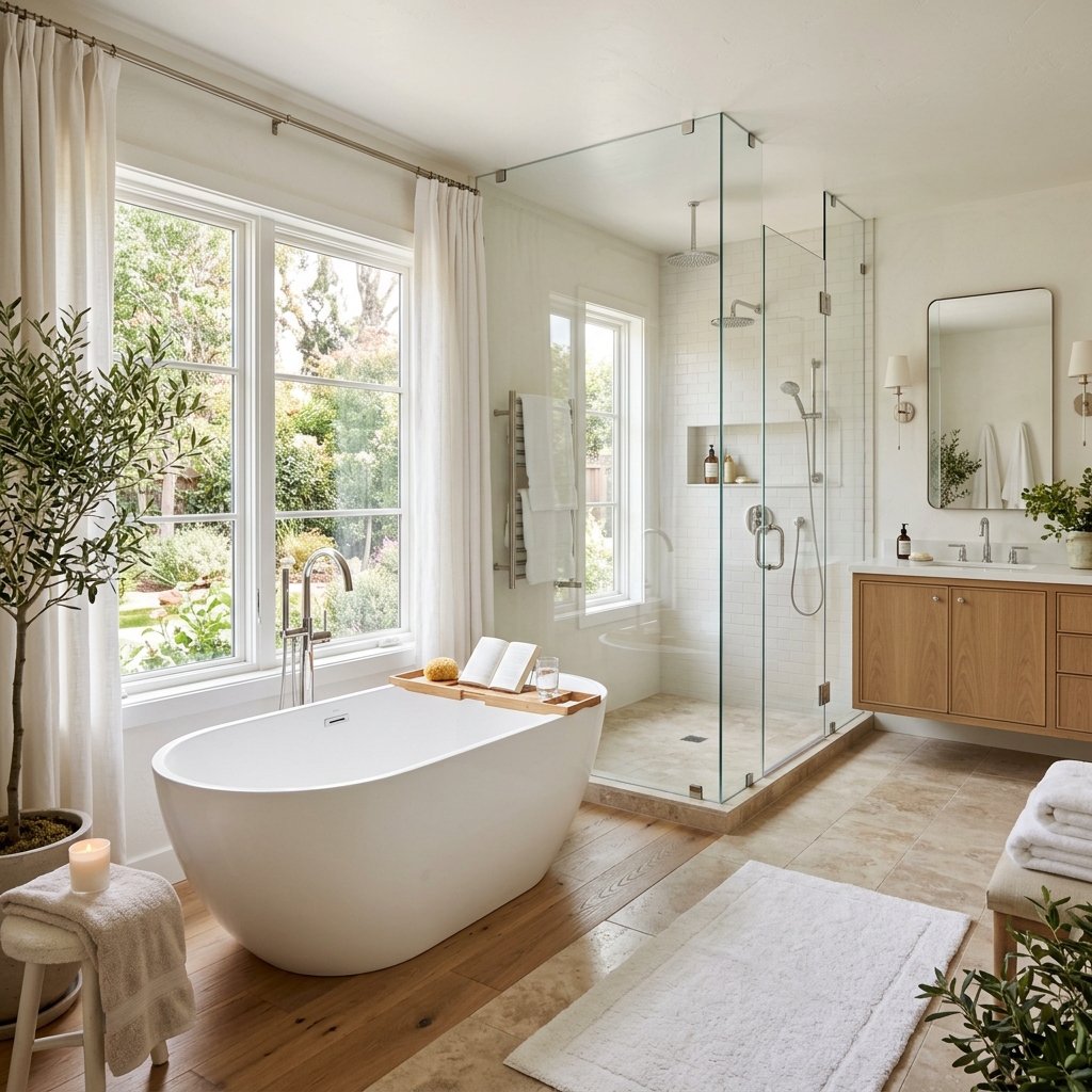 Spa-like luxury bathroom remodel with freestanding tub and glass shower