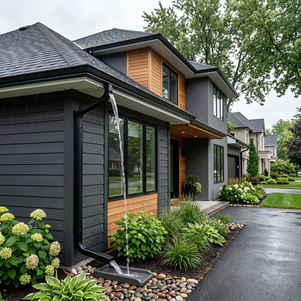 Clean brand new modern gutters and eavestrough on a stylish suburban home