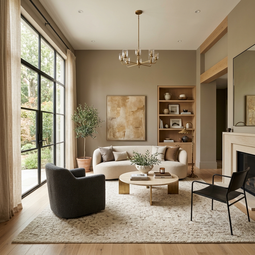 Modern living room freshly painted with trending warm neutral colors