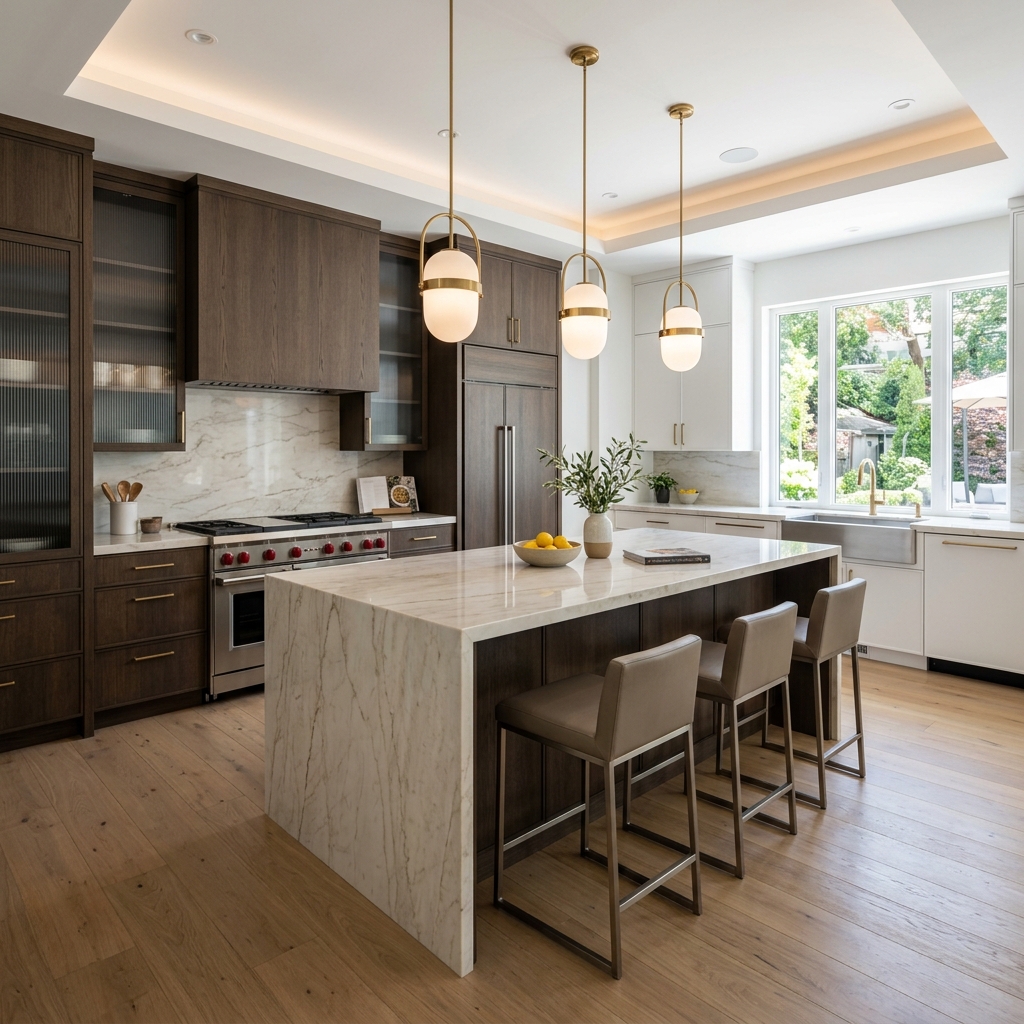 Luxury modern kitchen renovation with island and elegant lighting