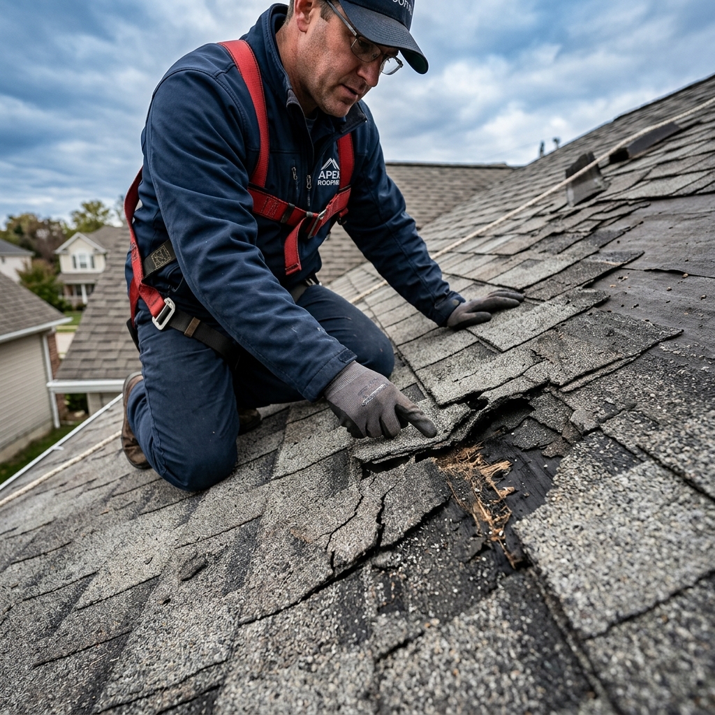 Professional roofer inspecting damaged asphalt roof shingles up close