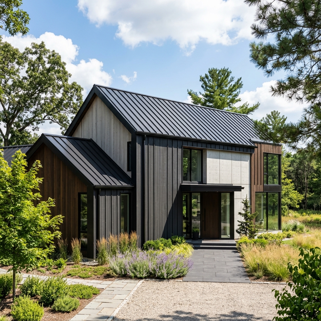 Modern home exterior with new black metal roof in bright daylight
