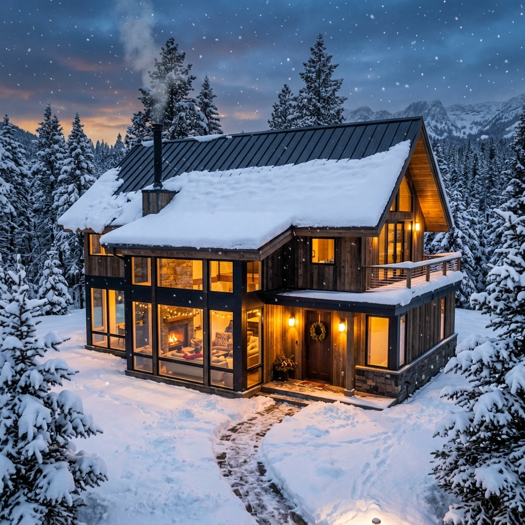 Cozy modern home exterior with a dark metal roof covered in heavy winter snow