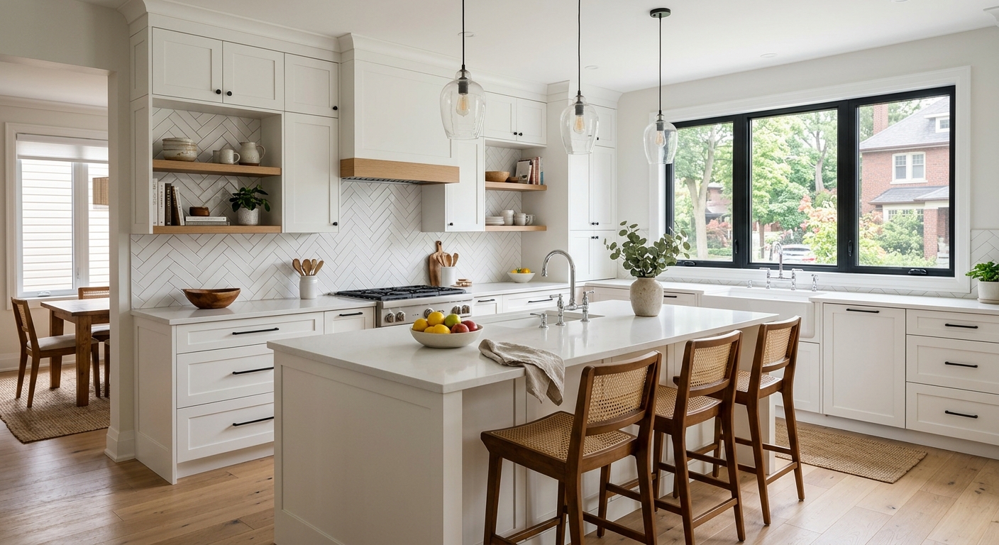 Renovated family kitchen with white shaker cabinets, large centre island, farmhouse sink and warm wood accents
