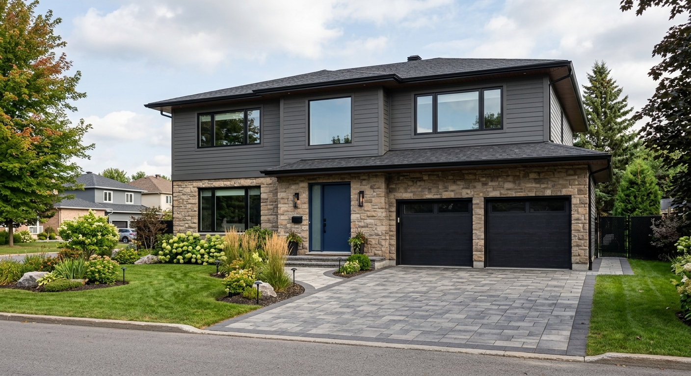 Dramatically transformed Orleans Ottawa home exterior — new stone veneer, Hardie siding, windows, front door and landscaping