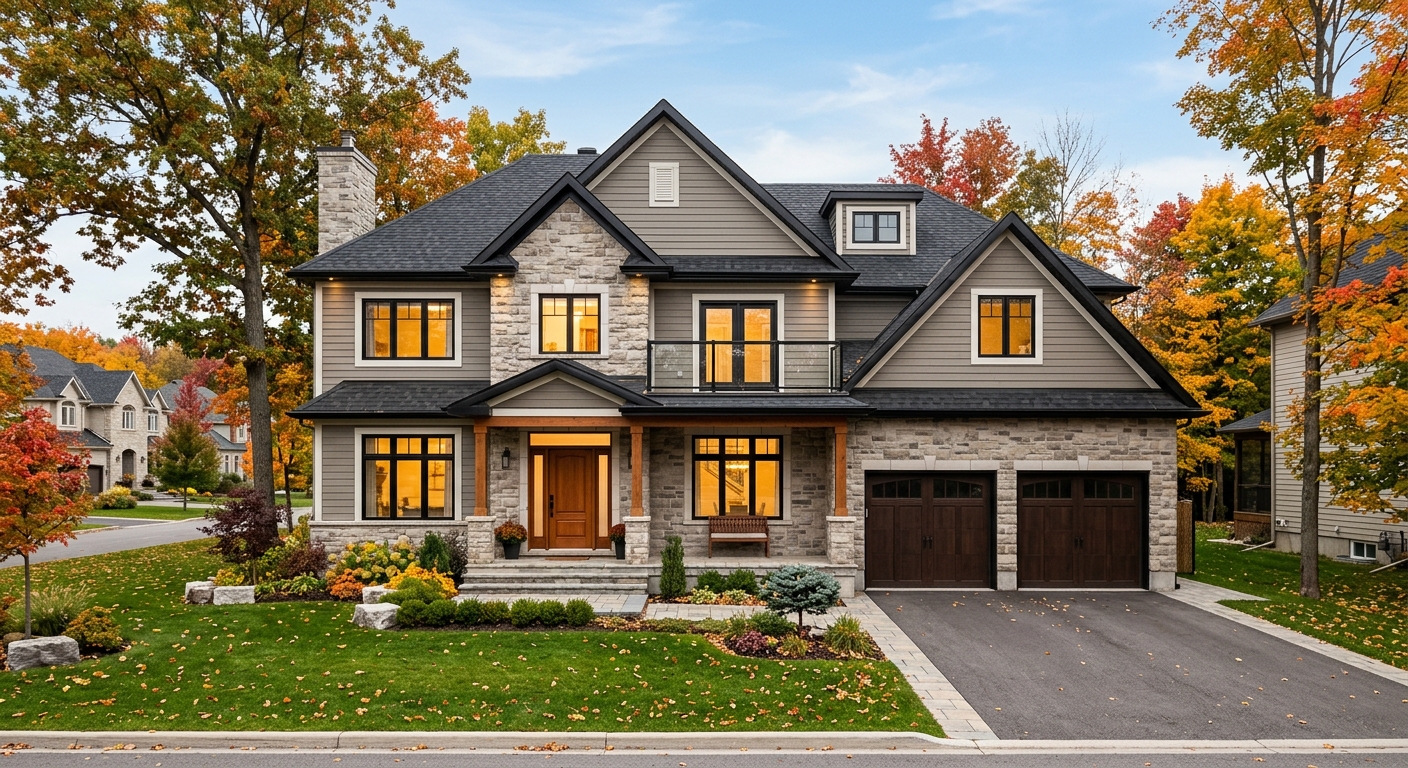 Completed custom-built two-storey home in Manotick with stone and Hardie board exterior, attached double garage