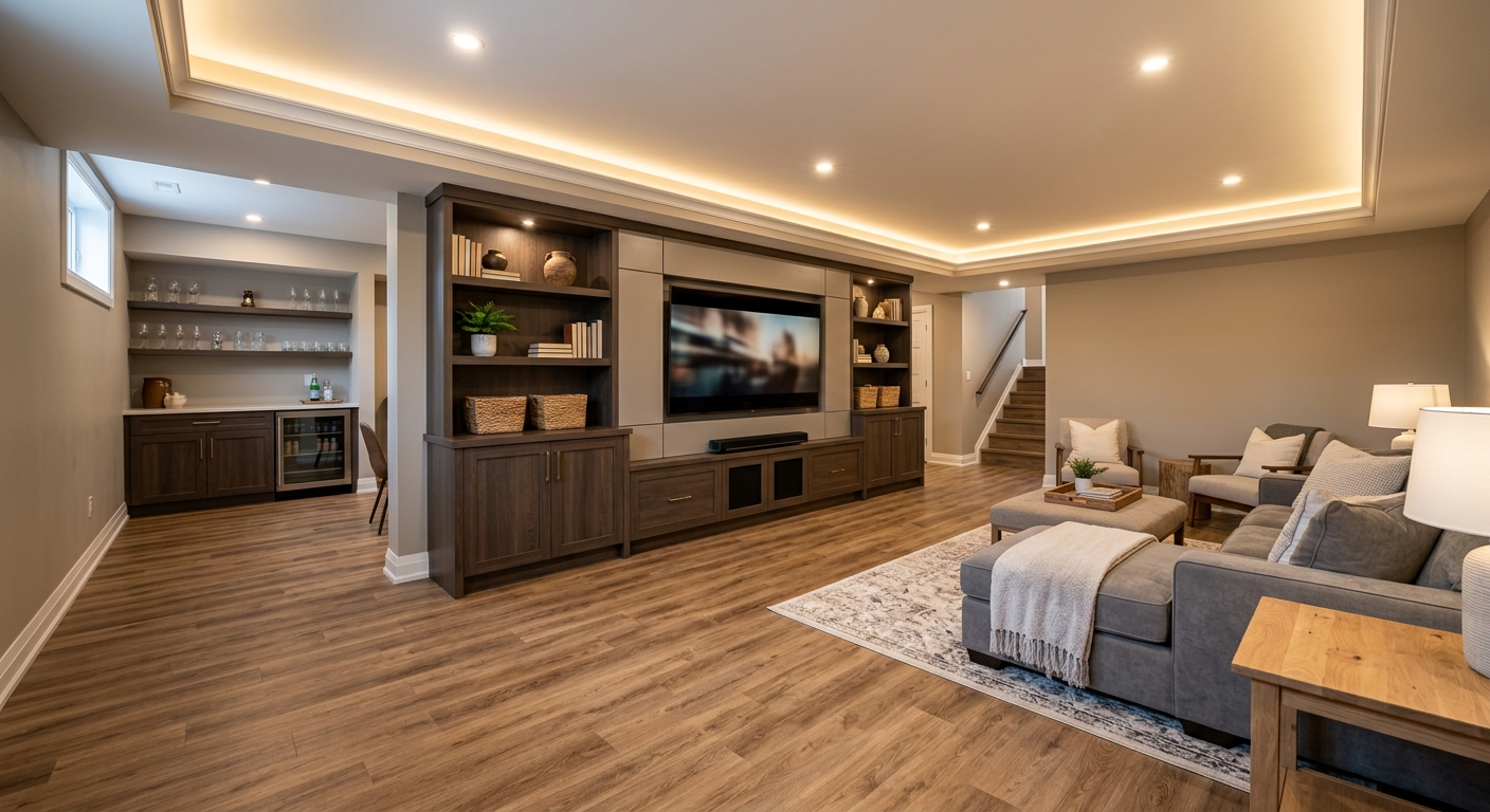 Finished basement with open recreation room, built-in entertainment wall and wet bar area