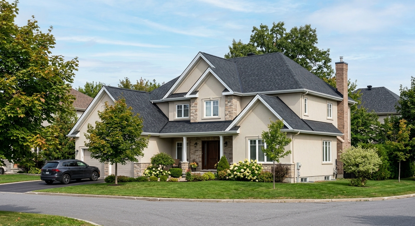 Completed architectural shingle roof replacement on two-storey residential home in Kanata Ottawa