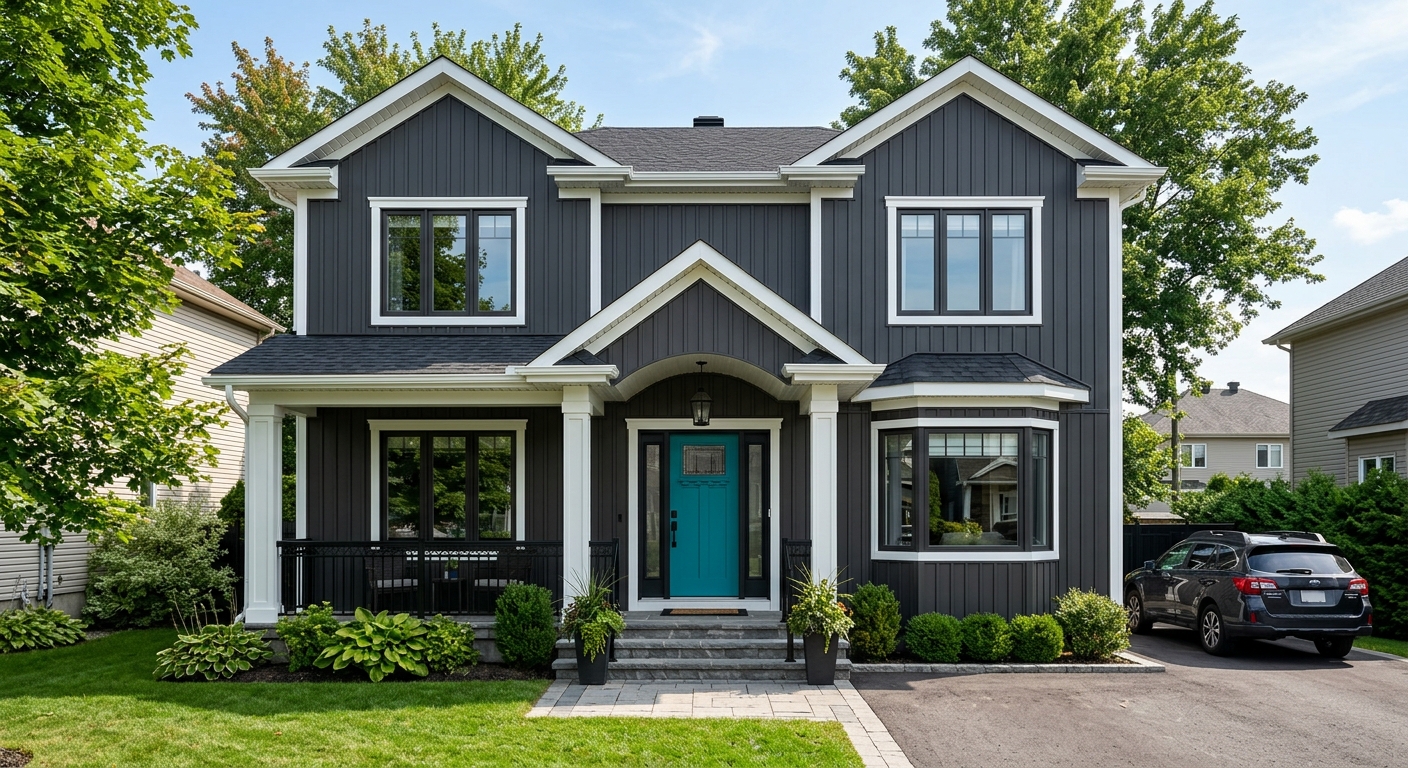 Completed James Hardie board and batten siding transformation on Barrhaven Ottawa home — dark charcoal with white trim