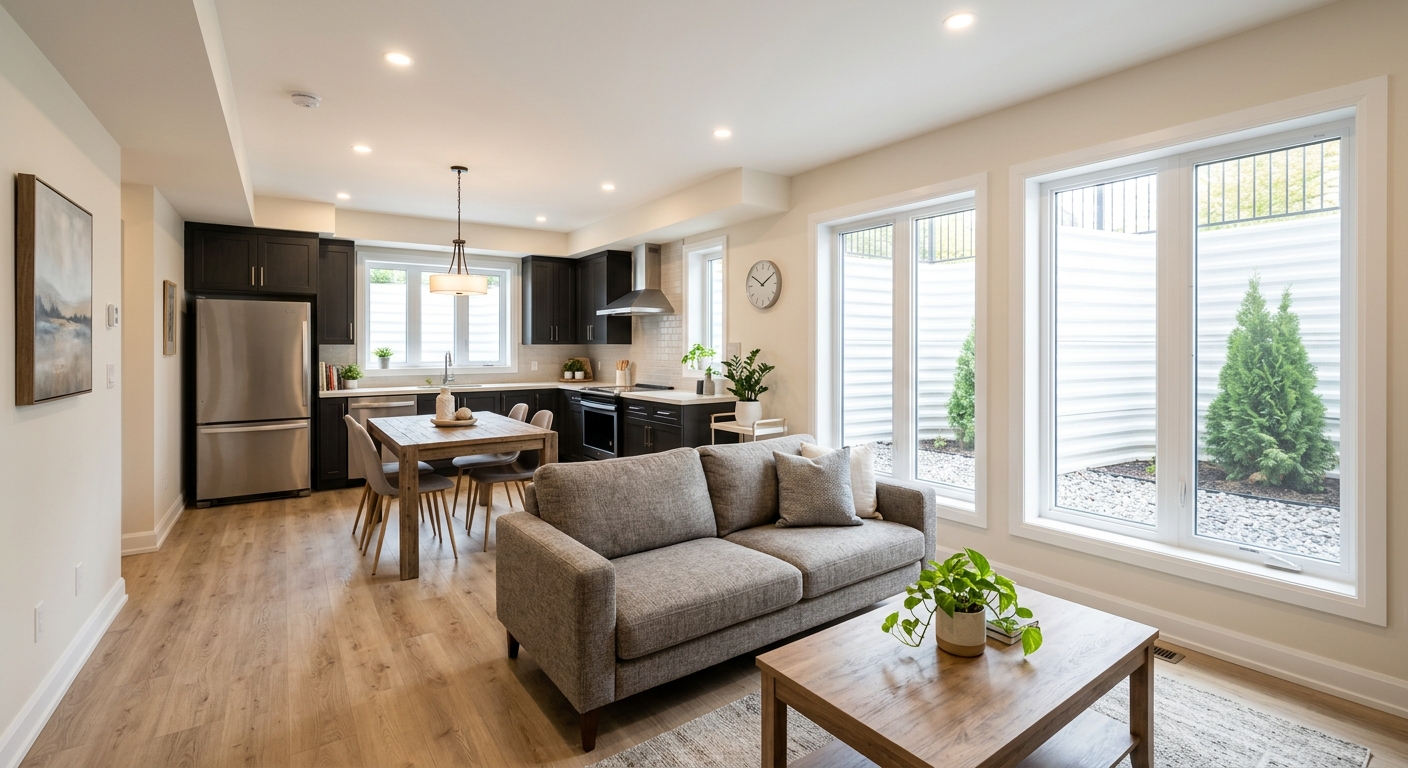 Completed legal basement apartment in Ottawa South with bright open-concept living area, kitchen and separate entrance