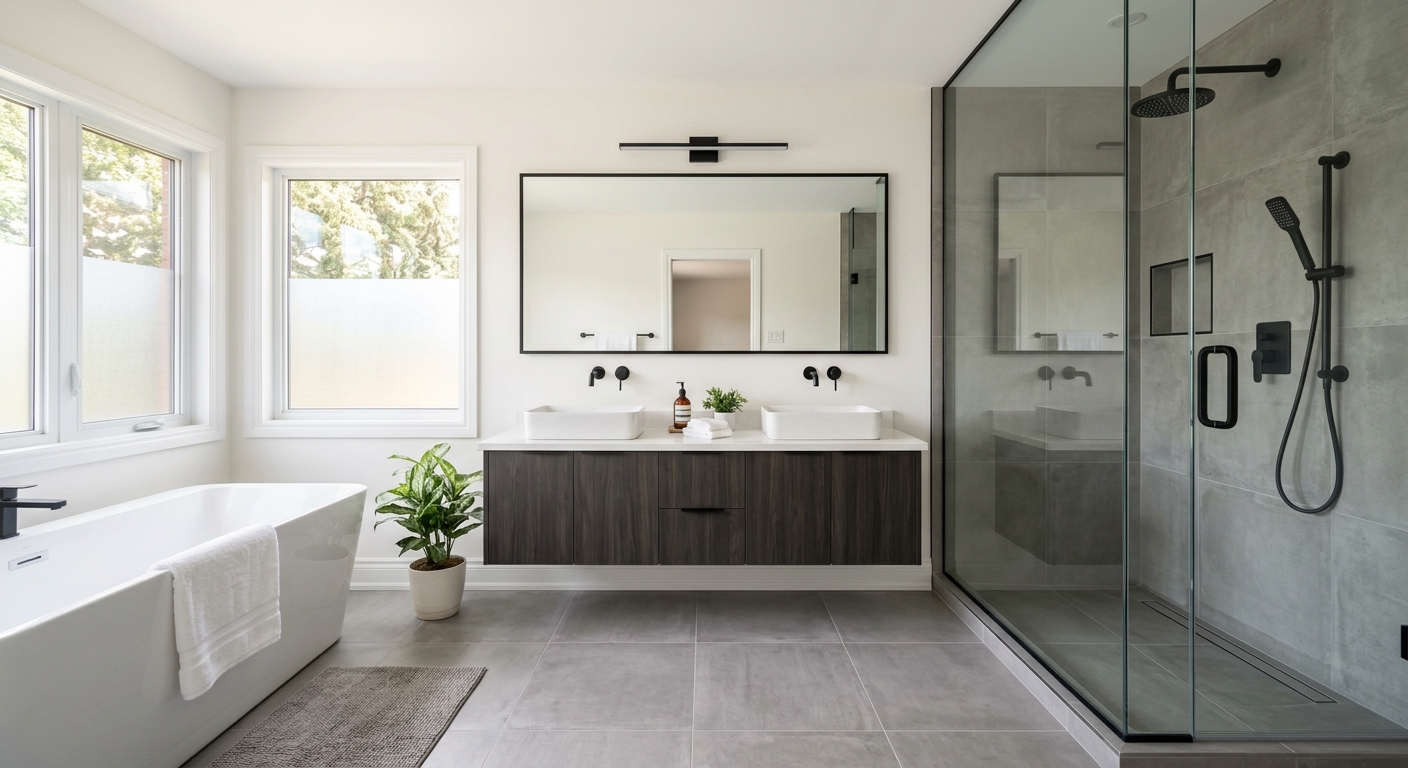 Renovated main family bathroom in Orleans Ottawa with walk-in shower, floating vanity and large format tile