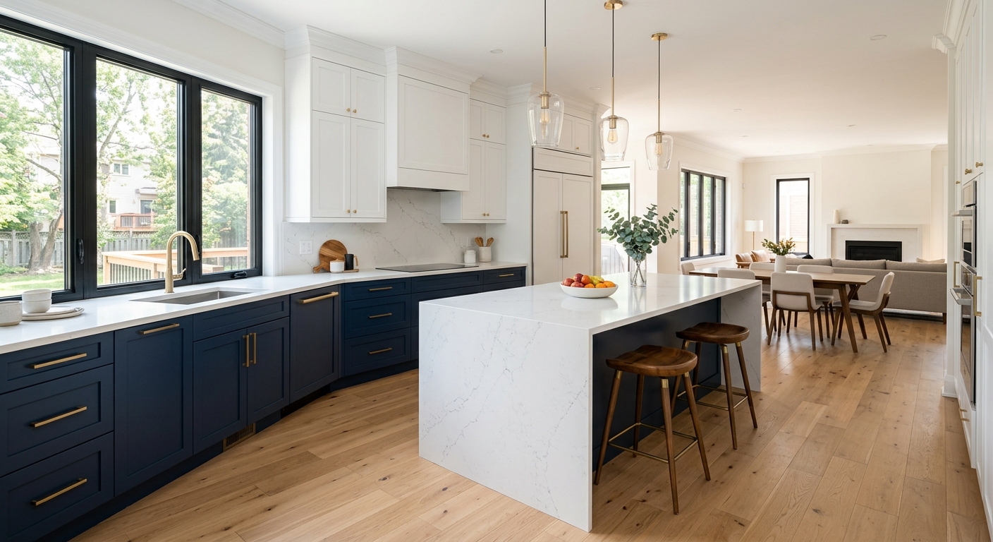 Completed open-concept kitchen with white upper cabinets, navy lower cabinets and 10-foot quartz waterfall island