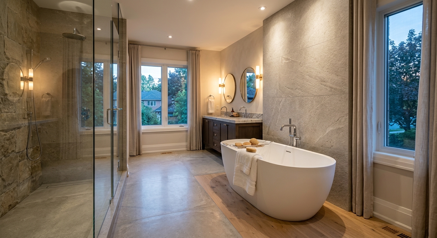 Luxury spa-style primary ensuite with freestanding soaker tub, frameless glass walk-in shower and heated tile floors