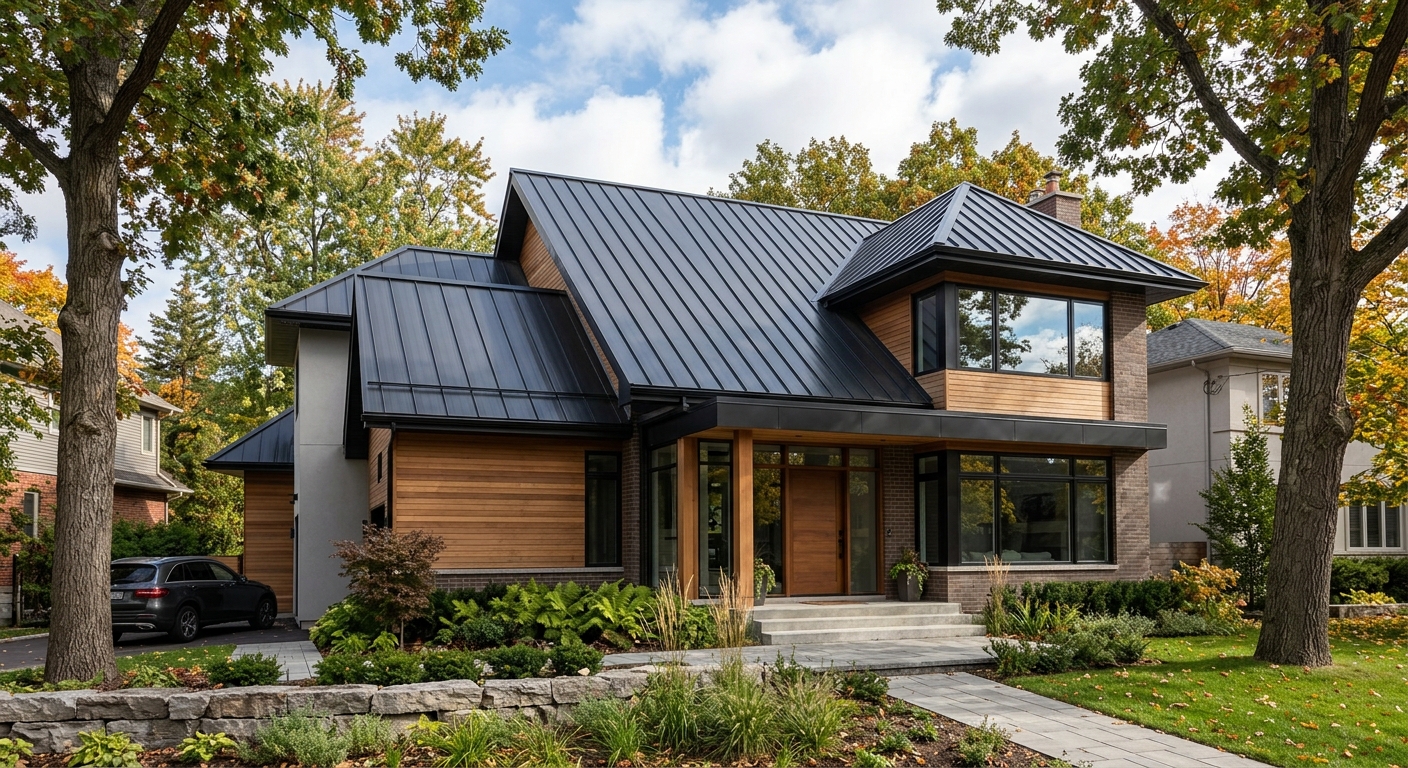 Completed dark charcoal standing seam metal roof installation on two-storey Ottawa home