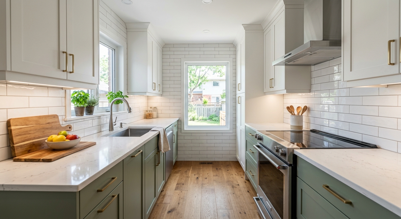 Renovated galley kitchen with sage green lower cabinets, white upper cabinets, quartz counters and subway tile backsplash