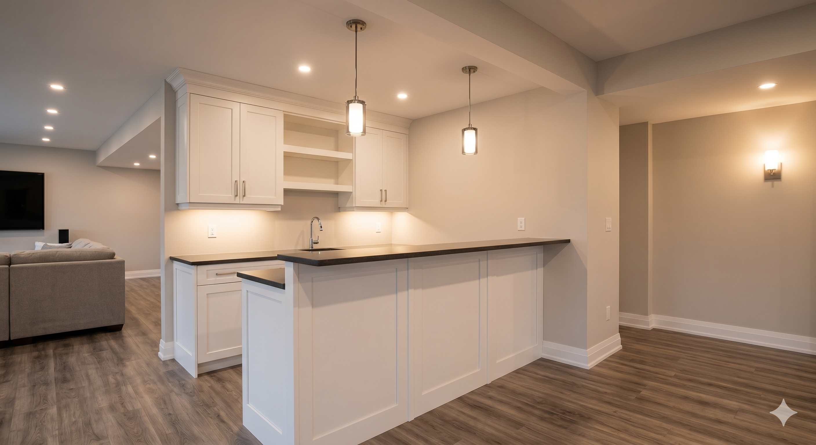 Bar humide sous-sol fini Ottawa — armoires et éclairage