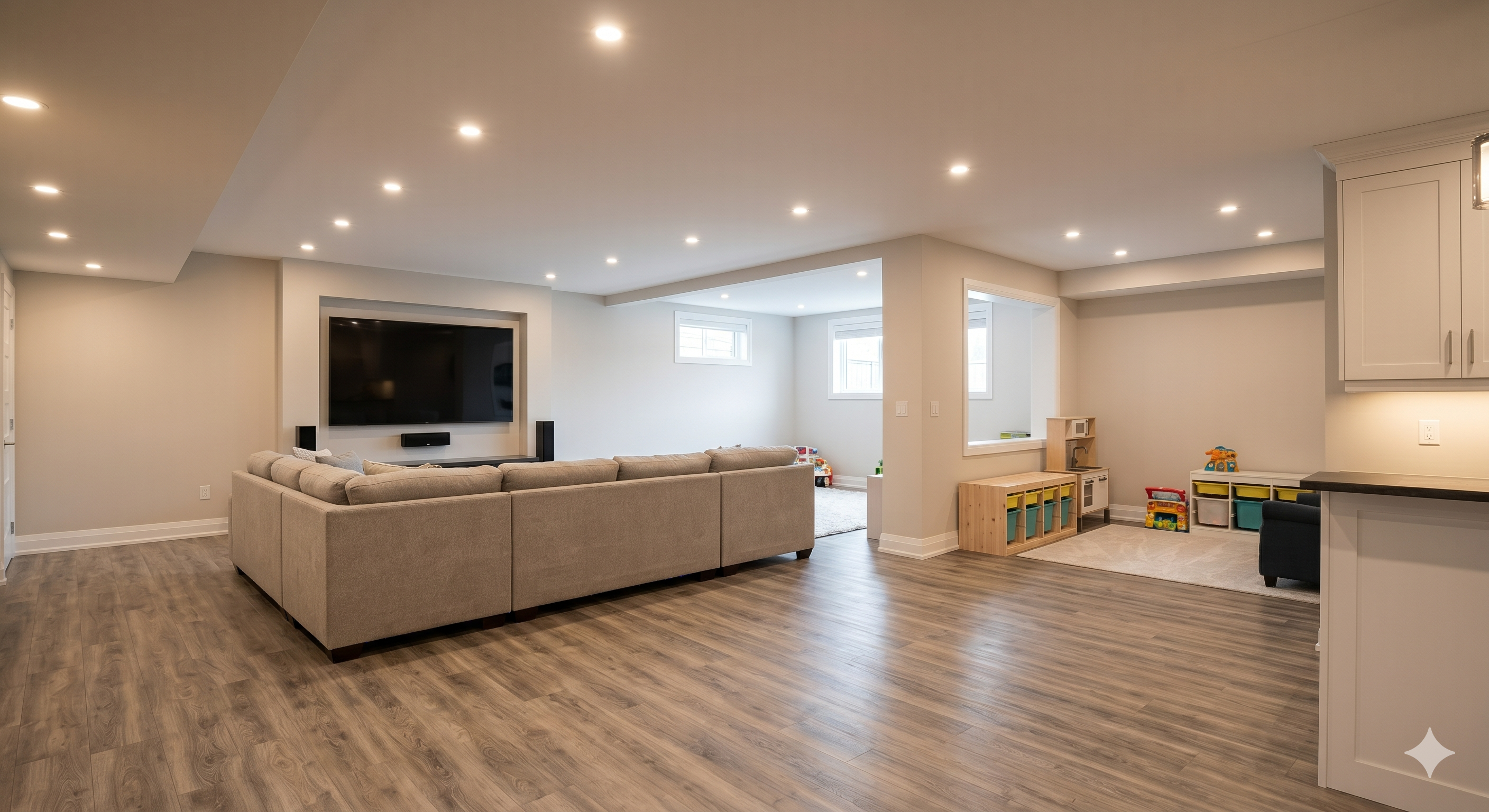 Salle familiale sous-sol Ottawa — canapé et foyer électrique