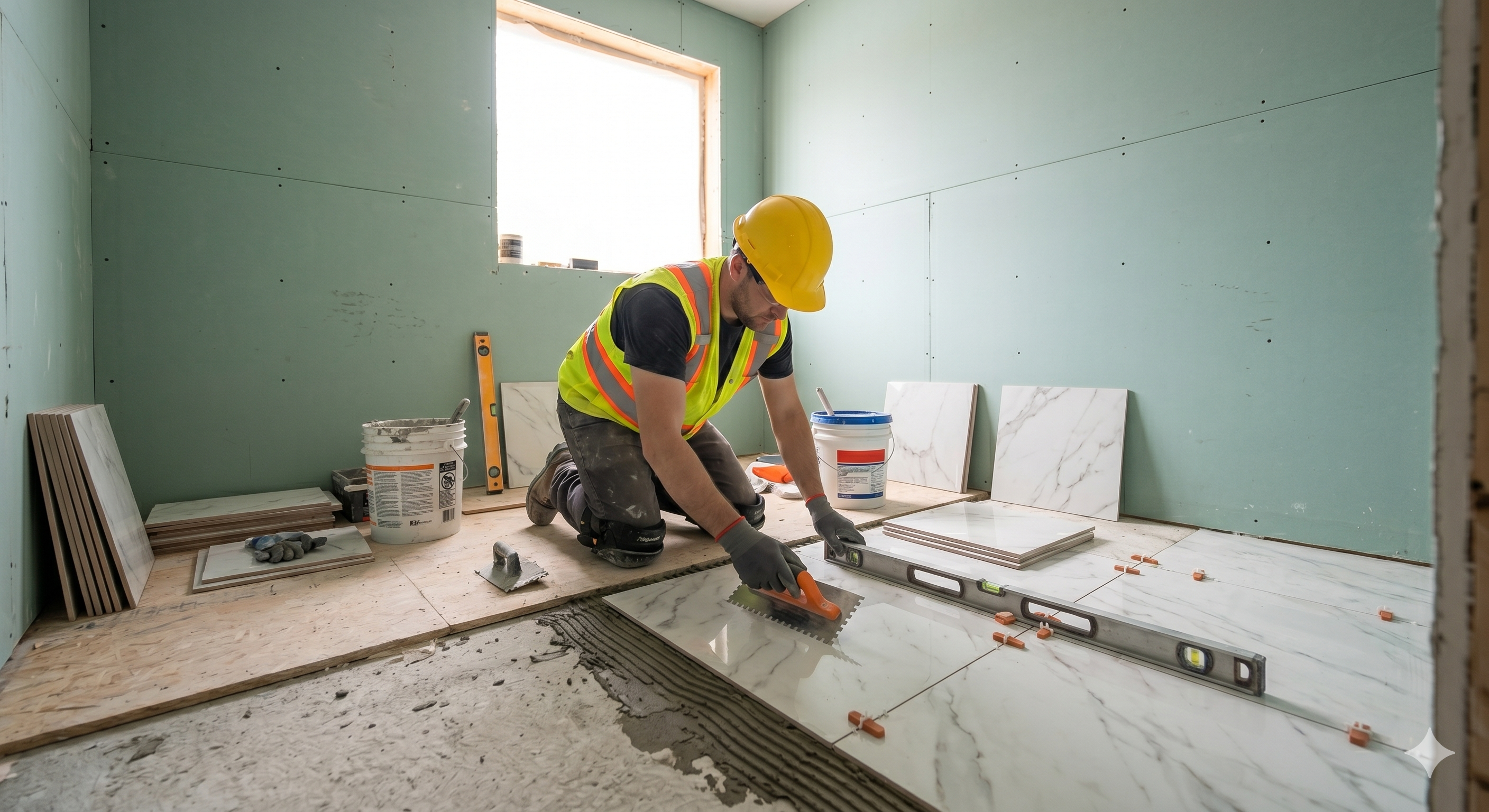 Chantier salle de bain — pose de carreaux
