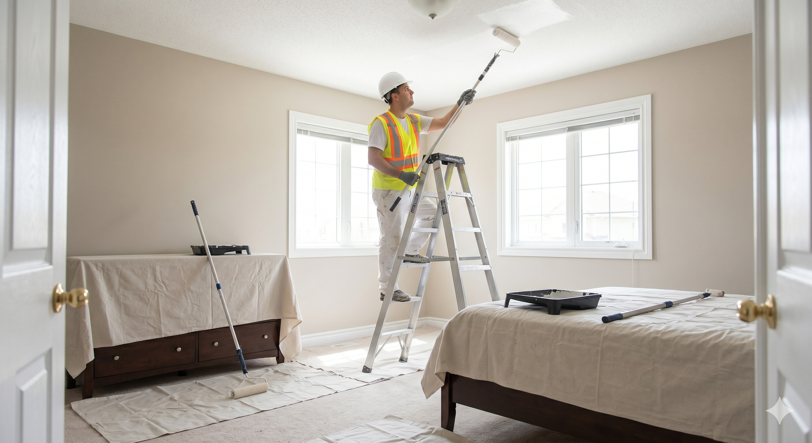 Peinture plafond chambre Ottawa — protection meubles en place